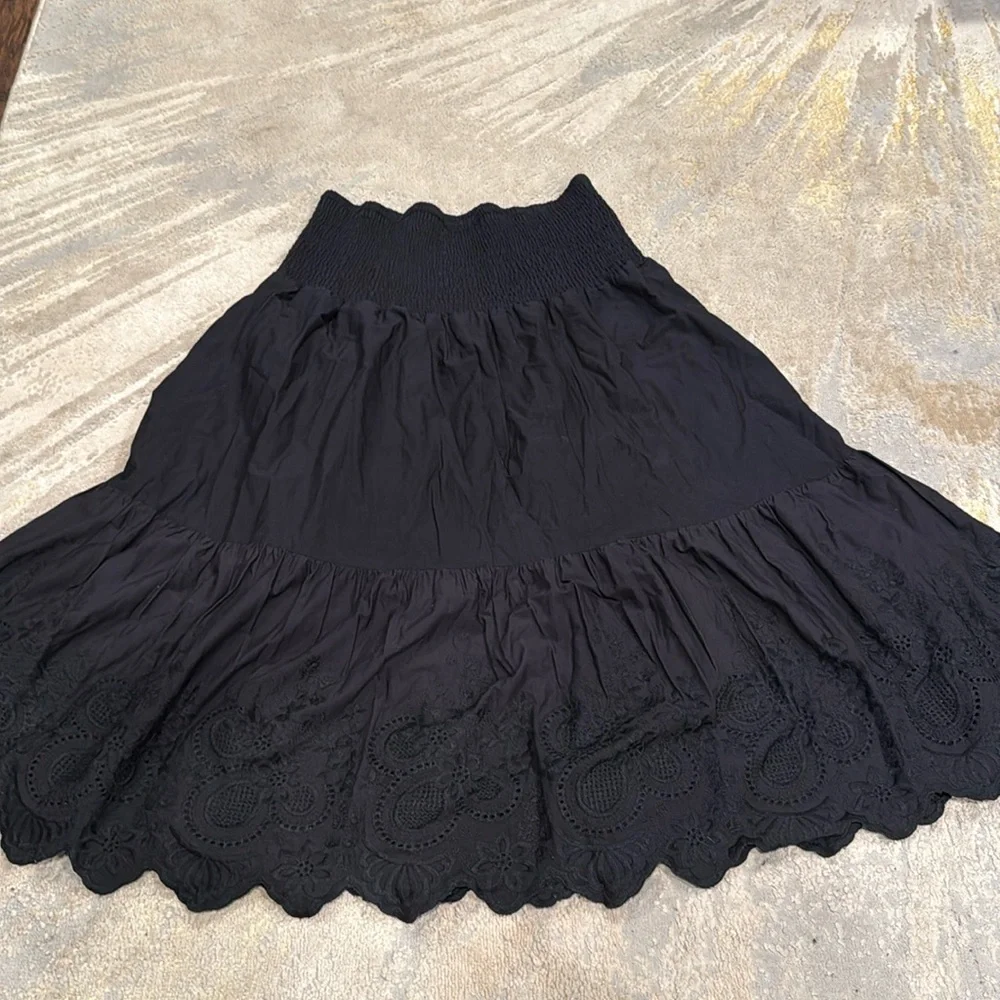 Jason Wu womens Size XL embroidered Eyelet Midi Tiered Skirt black lined floral